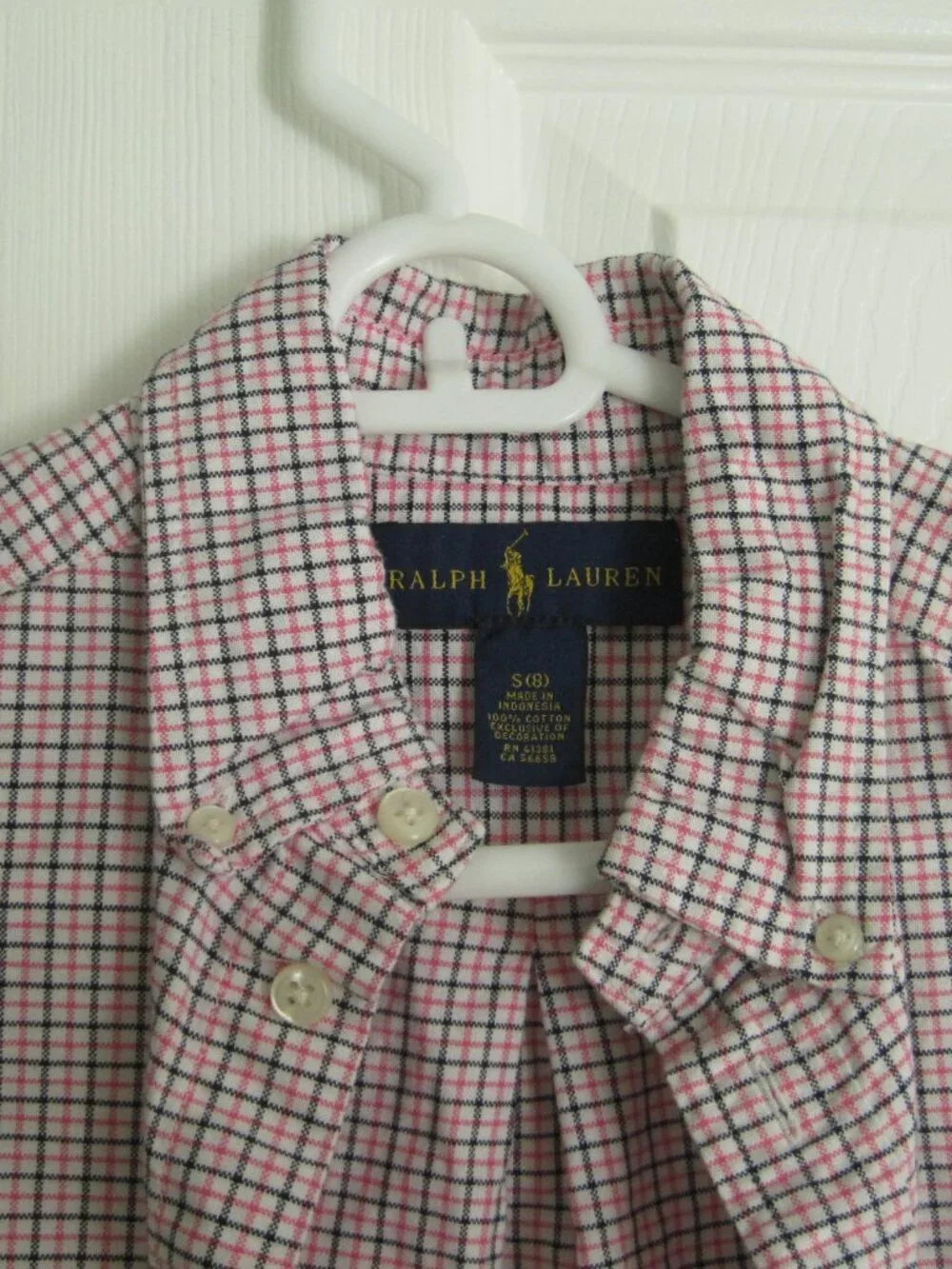Ralph Lauren Boys Pink Black Plaid Oxford Button Down Cotton Dress Shirt Sz S/8